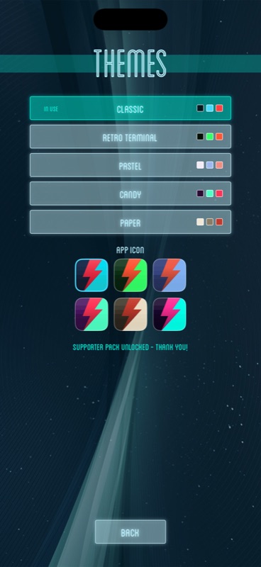 The Themes screen with five themes and six alternate app icons.